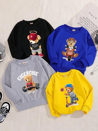 4pcs Set Young Boy Crew Neck Bear Graphic Pullover Sweatshirt, Fashion Casual Design, Spring & Autumn