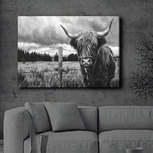 1pc Framed Highland Cow Wall Art Animals Poster Black And White Nature Prints Rustic Highland Cow Print Cow Wall Art Print Farmhouse Decor Farmhouse Artwork For Living Room Bedroom Office Decor - 淺灰色 - 查看 5