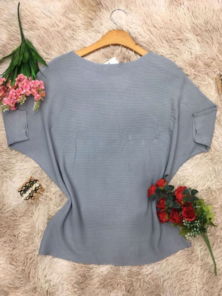 Batwing Sleeve Blouse In Imported Ribbed Modal, One Size. - Xám - Xem 1