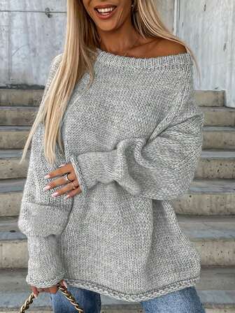Ladies Casual Fashion One-Shoulder Lantern Sleeve Knitted Wide Collar Loose Sweater