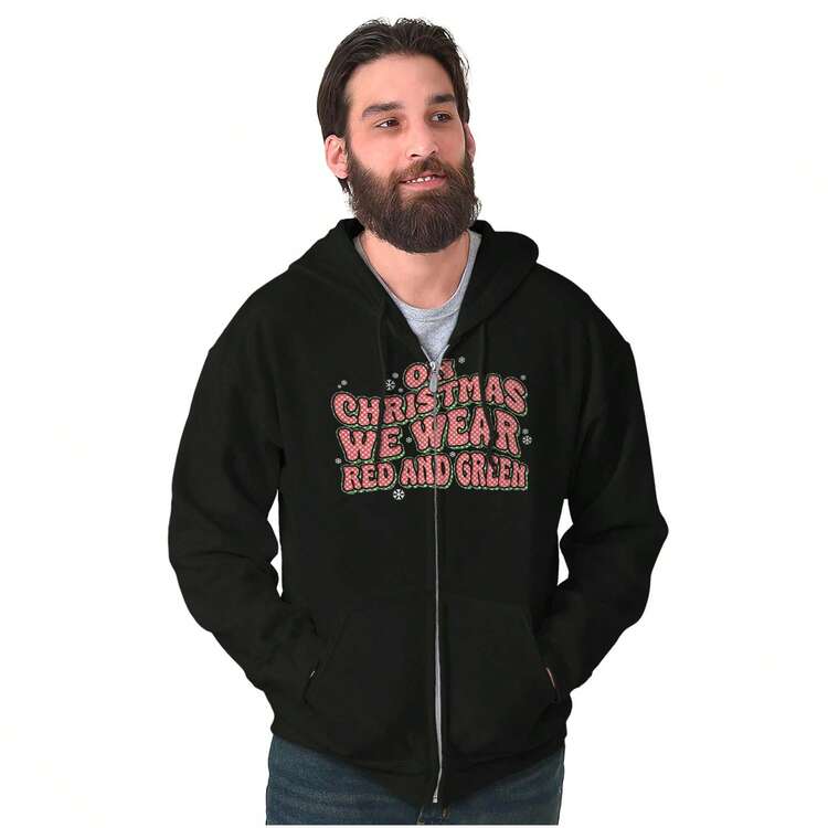BRISCO BRANDS Christmas Graphic Zipper Hoodie Xmas Festive Winter Holiday Season On Christmas We Wear Red And Green Casual Everyday Cotton Printed Thermal Lined Zip Up Drawstring Hooded Sweatshirt - Black - View 1