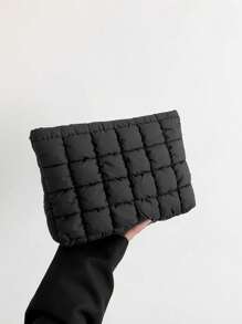 时尚多功能弹力锁边绣花线格子化妆包休闲手拿包保暖羽绒迷你包时尚多功能绗缝绣花格子化妆包，休闲手拿包，保暖袋，返校背包，旅行沙滩度假收纳袋，旅行收纳袋，化妆包，化妆袋，度假收纳袋 - 彩色 - 查看 9