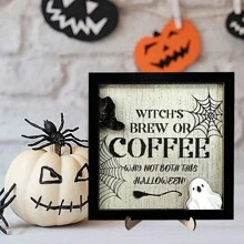 1 Piece 3D Double Wooden Coffee Sign, Fun Halloween Theme "Fresh Boo Coffee", With Ghost Accent, Classic Home Decoration Style, Holiday Kitchen Logo With Bracket Best Gifts Birthday Halloween Decor Fall Decor Room Decor Autumn Decor - Multicolor - View 7