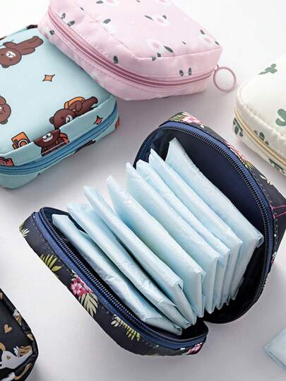 1pc Super Cute Portable Cartoon Feminine Pad Holder Organizer Pouch, Women Girls Period Sanitary Napkin Bag For Coins, Cosmetics, Tissues And Other Small Items, Suitable For Ladies Business Trip, Travel, Students Back To School (Print Pattern Position May Vary)