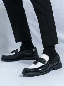 Men's Tassel Thick Sole Slip-On Formal Black Dress Shoes, Suitable For Groom Wedding, Hair Stylist, Party, Banquet, Prom - 黑與白 - 查看 5