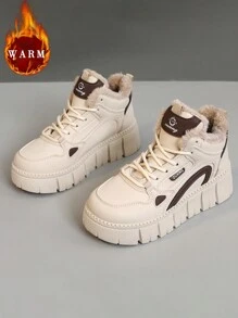 1 双女式多功能时尚纯色保暖内衬保暖防水厚底休闲运动鞋高帮雪地靴，适合日常休闲穿着、户外运动 - 卡其色 - 查看 5