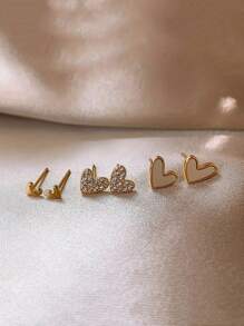 eTel LiKe 3 Pairs Of Heart Shape Women's Fashion Stud Earrings Simple Jewelry Set Gift Valentines,Mom,Mother,Mother's Day,Gift - Yellow Gold - View 6