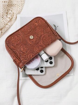 女士人造皮革压花花朵图案小斜挎包，时尚可爱手机钱包，复古休闲单肩包