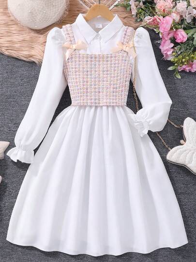 2pcs Tween Girl Solid Color Long Sleeve Dress + Plaid Tank Top Outfit
