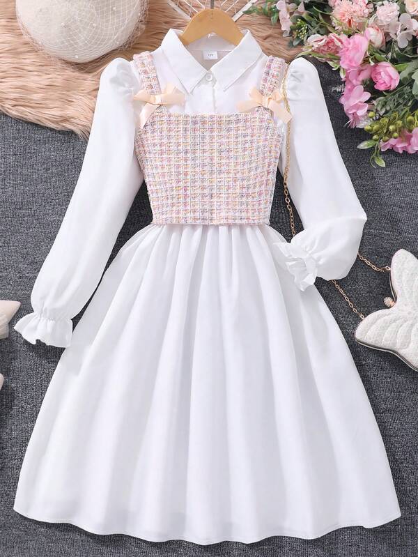 2pcs Tween Girl Solid Color Long Sleeve Dress + Plaid Tank Top Outfit