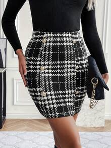 女士千鸟格印花修身迷你裙，优雅装饰纽扣松紧腰铅笔裙，适合办公室/通勤穿着 - 黑與白 - 查看 3