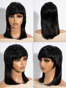 Parrucca in veri capelli umani stile mullet per donna, colore 1B, parrucca corta in capelli umani neri naturali con frangia, parrucca a caschetto pixie in alta qualità di capelli vergini umani senza colla, taglio di capelli a strati e wolf cut, parrucca sostitutiva per uso quotidiano - Naturale e nero - Visualizzare 3