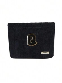 Túi cầm tay nhung kẻ, Túi đựng đồ trang điểm, Túi đựng đồ sọc đơn giản khi đi du lịch, Khăn đen thêu chữ A-Z, Ví đựng mỹ phẩm màu trơn, Túi đựng đồ trang điểm du lịch nhung kẻ dung tích lớn: Hoàn hảo cho việc làm đẹp khi di chuyển! Túi đựng đồ mỹ phẩm du lịch, Đơn giản và cao cấp, Đựng phụ kiện, Thích hợp để cất giữ trong ký túc xá, Du lịch, Đi công tác, Bơi lội, Đựng đồ tại nhà - màu đen - Xem 17