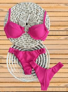 Adjustable Strap Bikini Double Underwire Half Cup Support - hồng - Xem 3