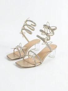 女士水钻和珍珠装饰性感尖头高跟凉鞋，蛇纹设计和踝带，适合夏季派对 - 金色 - 查看 8