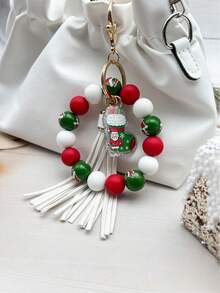 1pc Christmas Wooden Bead, Solid Color Silicone Bead, Tassel, Acrylic Santa Sock, Elderly, Bell, Snowman Charm Wristlet Keychain, Bag Pendant, Christmas Gift - Multicolor - View 2
