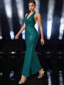 Bộ đồ liền thân hở lưng lấp lánh gợi cảm cho nữ, váy thanh lịch - màu xanh lá - Xem 3