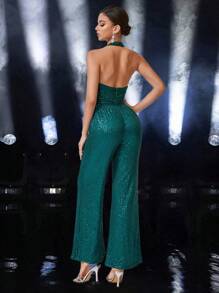 Bộ đồ liền thân hở lưng lấp lánh gợi cảm cho nữ, váy thanh lịch - màu xanh lá - Xem 2