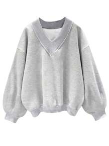 Casual Simple And Women'S Oversized Gray V-Neck Loose-Fitting Workout Sweatshirt Suitable For Fall And Winter - Grey - View 2