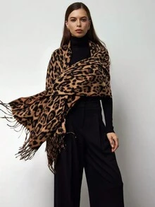 1 件女士波西米亚豹纹流苏保暖围巾，日常百搭，秋冬 - 彩色 - 查看 8