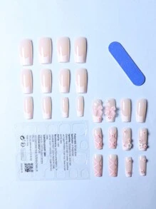 96 件/4 套按压式指甲长杏仁丙烯酸指甲白色法式蝴蝶结形珍珠设计假指甲，粉色蝴蝶结樱花盖假指甲包含 4 件果冻胶和 4 件指甲锉，适用于女士和女孩的美甲装饰