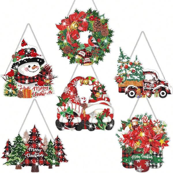 6pcs/Set Christmas Diamond Art Kit - 5D Christmas Diamond Hanging Ornaments, Including Christmas Tree, Wreath, Snowman Designs, Acrylic Diamond Painting Crafts For Wall, Door, Window Decoration