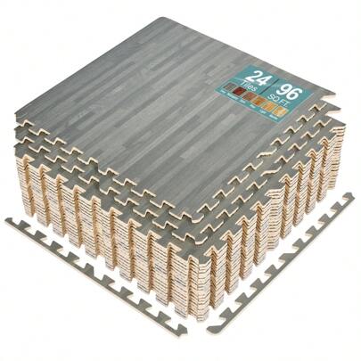 Sorbus 3/8-Inch Thick 96 Sq. Ft. Wood Grain Floor Foam EVA Interlocking Mats Tiles W/ Borders - For Home, Playroom, Basement, Trade Show (Gray)