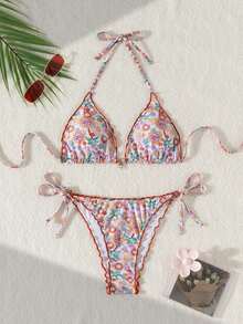 2pcs Women Floral Print Spaghetti Strap Bikini Set, Spring/Summer - Multicolor - View 1