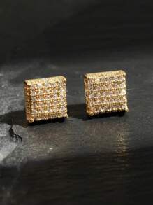 2 件简约铜方晶锆石方形耳钉，适合男士日常佩戴 - 耳環 - 查看 2