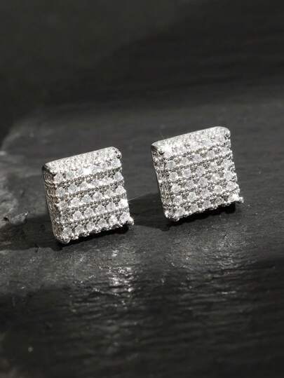2 pezzi Orecchini a perno quadrati minimalisti in rame con zirconia cubica, adatti per l'uso quotidiano degli uomini