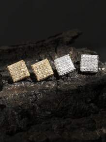 2 件简约铜方晶锆石方形耳钉，适合男士日常佩戴 - 耳環 - 查看 9