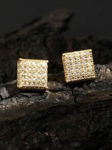 2 件简约铜方晶锆石方形耳钉，适合男士日常佩戴 - 耳環 - 查看 8