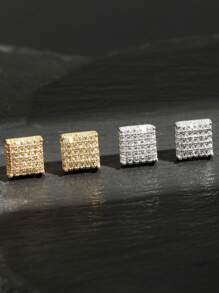 2 件简约铜方晶锆石方形耳钉，适合男士日常佩戴 - 耳環 - 查看 3
