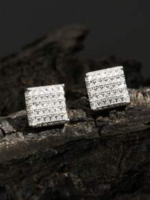 2 件简约铜方晶锆石方形耳钉，适合男士日常佩戴 - 耳環 - 查看 7