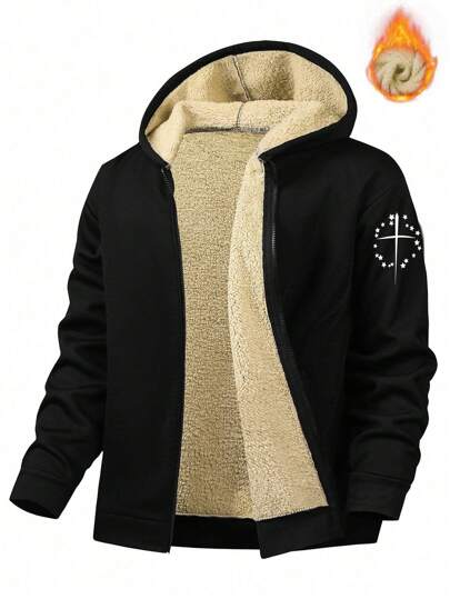 남성 패션 캐주얼 다용도 오각형 프린트 보온 안감 지퍼업 후드 재킷, 가을 겨울용