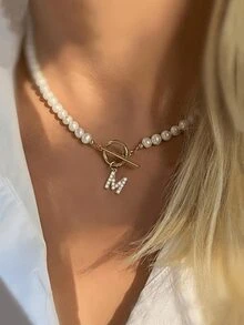 1 chiếc vòng cổ mặt dây chuyền chữ OT có khóa ngọc trai, vòng cổ ngọc trai giả thời trang với 26 mặt dây chuyền chữ cái A-Z, dây chuyền xương đòn tinh tế, phù hợp cho bé gái và phụ nữ - Nhiều màu - Xem 2
