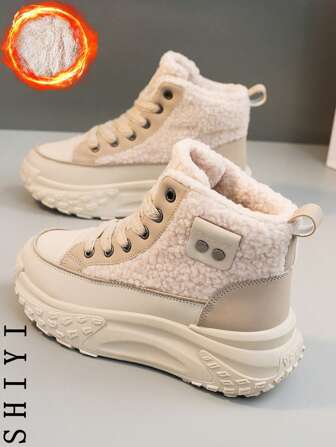 Women's White Casual Shoes, Sports Shoes, 2024 Winter New Item With Added Fleece Insulation, Outdoor Thick Sole Height Increase, Fashionable And Versatile Vacation Style, Student Outdoor Hiking And Skateboarding Shoes, Flat Chunky Sneakers, Snow Boots, Women's Shoes