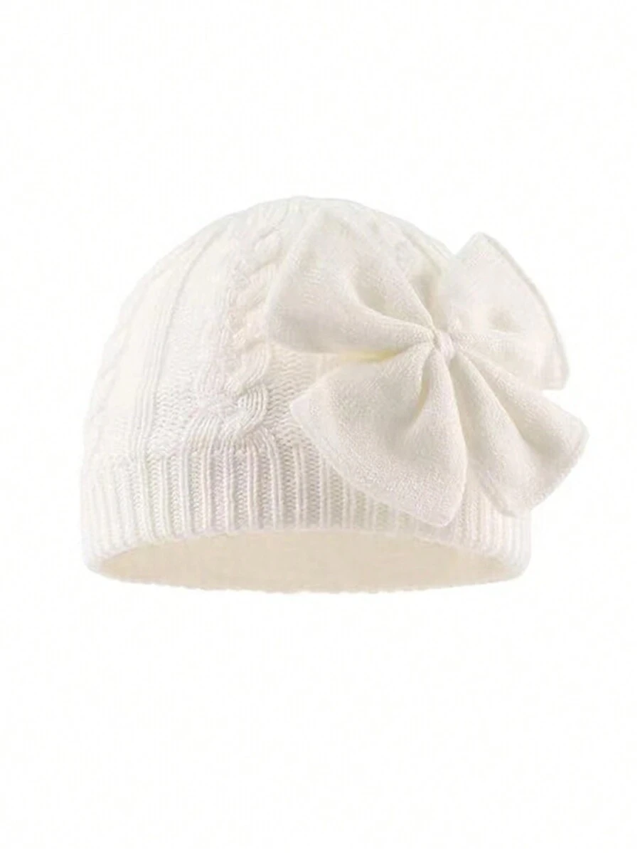 1pc Baby Bow Knit Winter Hat With Thick Lining, Solid Color Newborn Beanie - Bow - View 1