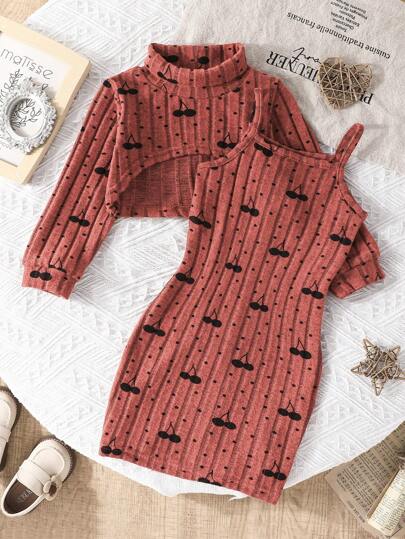 2pcs Young Girls Baby Toddler Girl Fashionable Elegant Lady New Popular Cherry Dot Print Crew Neck Long Sleeve Cropped Top And Strap Dress Set