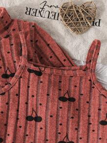 Conjunto de 2 piezas de top con cuello redondo de manga larga y vestido de tirantes con estampado de lunares de cereza para niñas pequeñas y bebés niñas con diseño elegante y de moda