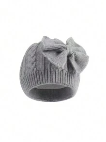 1pc Baby Bow Knit Winter Hat With Thick Lining, Solid Color Newborn Beanie - Bow - View 9