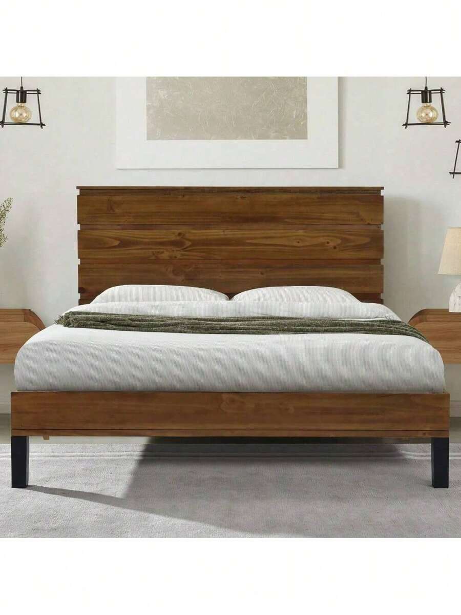 MidCentury Modern Solid Wood Bed Frame King Size Platform Bed With Six