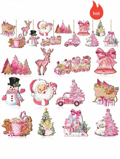 12 件/24 件/36 件粉色圣诞树饰品，复古木制圣诞装饰，乡村风格圣诞挂饰，派对圣诞树装饰品。包括各种圣诞元素，如圣诞树、卡车、雪人、小猫、雪橇铃铛