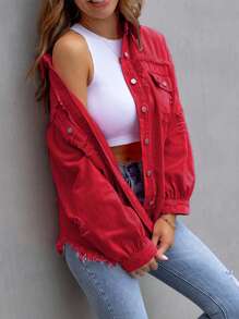 Women's Jeans Coat Ripped Distressed Denim Jacket Long Sleeve Button Down Boyfriend Jeans Coat Trucker Jacket - Red - View 5
