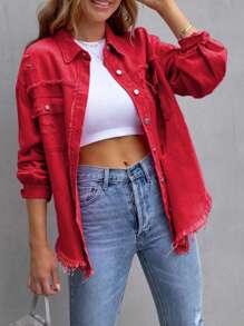 Women's Jeans Coat Ripped Distressed Denim Jacket Long Sleeve Button Down Boyfriend Jeans Coat Trucker Jacket - Red - View 8