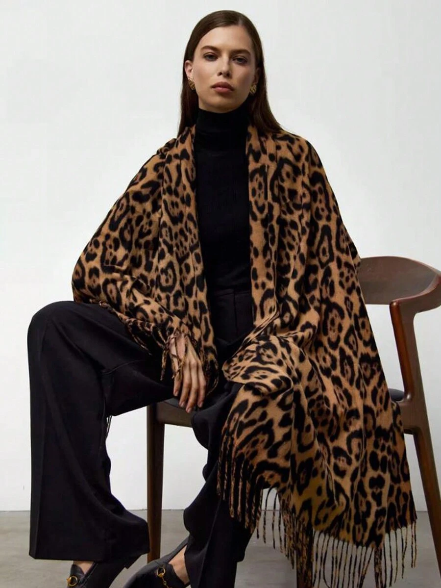 1 件女士波西米亚豹纹流苏保暖围巾，日常百搭，秋冬 - 彩色 - 查看 1