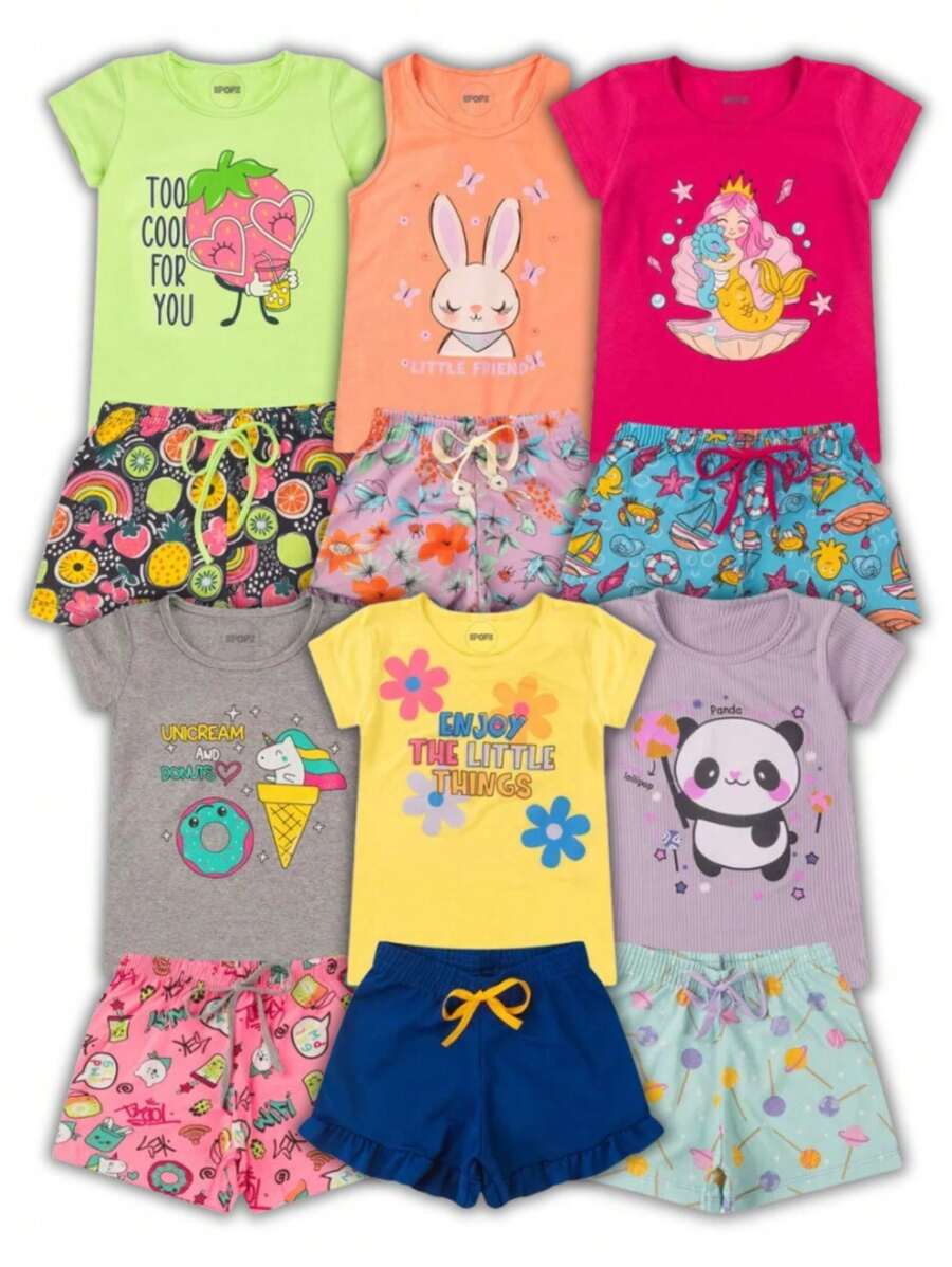 Assorted Kit 6 Pieces Of Children's Clothing For GIRLS - 3 T-Shirts + 3 Bermuda Shorts Xx - Nhiều màu - Xem 1