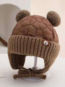 1 件装婴儿可爱熊绒球护耳针织冬季无檐便帽