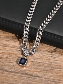 1件套蓝绿色仿宝石吊坠项链，男士/男孩不锈钢幸运符吊坠项链，朋克嘻哈风格生日礼物 - XNXL008 - 查看 3