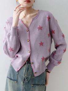 Blusa minimalista con mangas largas, botones frontales y ribete de contraste con patrón de estrella - Morado - Ver 3
